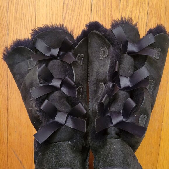 UGG 5 Black Suede Leather Sheepskin BAILEY BOW II Tall Boots - Picture 7 of 10